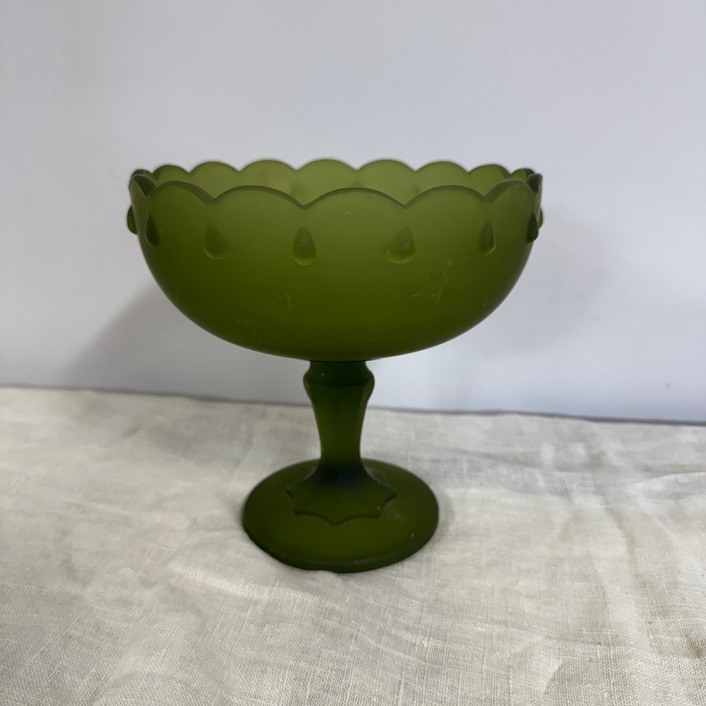 Vintage Frosted Olive Green Glass Compote Scalloped Pedestal Bowl MCM Retro